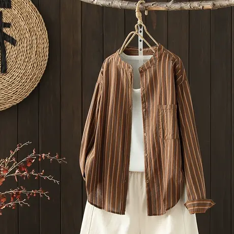 枫谜2023春季新款文艺复古全棉立领休闲百搭衬衫女士宽松长袖衬衣图片