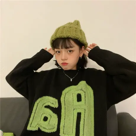 红续字母毛巾绣毛衣女加厚保暖套头针织衫小众设计感秋冬新款长袖图片