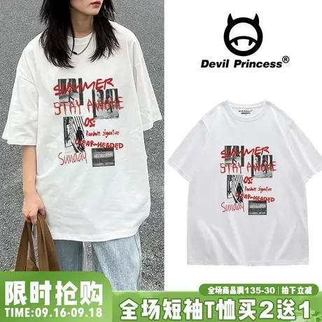 街头风ulzzang欧美复古印花T恤女夏2023新款oversize韩版BF风上衣商品大图