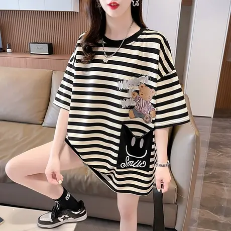 小众设计感短袖t恤女夏装韩版宽松大码中长款条纹学生百搭上衣服图片