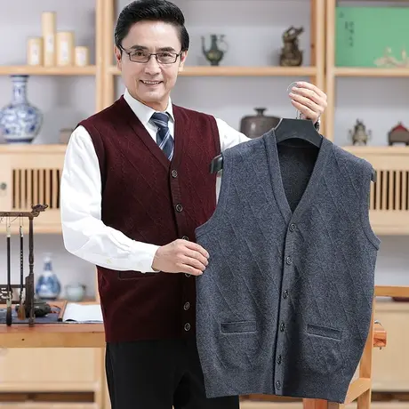 春秋冬季V领老人加厚针织毛线开衫背心中老年男士爸爸毛坎肩马甲商品大图