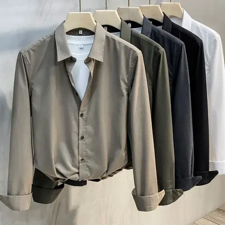 衬衫男长袖春秋薄款商务休闲暗格纹衬衣高端正装免烫寸衫2023新款商品大图