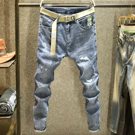 小众刺绣牛仔裤男款夏季薄款修身小脚裤潮牌破洞补丁帅气百搭裤子商品大图