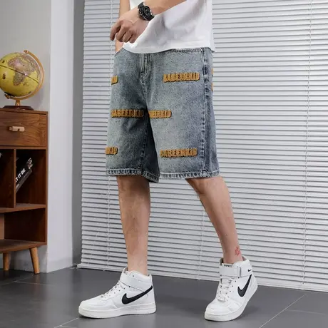 夏季牛仔短裤男宽松直筒字母绣花休闲薄款大码青少年潮牌五分短裤商品大图