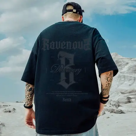 高街潮牌宽松T恤胖子短袖男加肥加大五分袖重磅国潮大码男装夏季商品大图