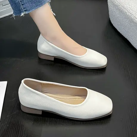奶奶鞋女2023夏季新款韩国简约浅口方头平底鞋软皮舒适百搭套脚鞋商品大图