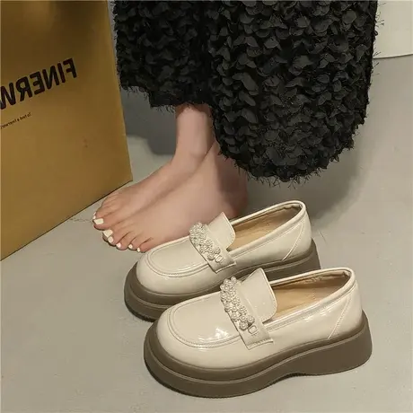 黑色厚底珍珠复古小皮鞋女2024新款春秋英伦风乐福鞋法式百搭单鞋图片