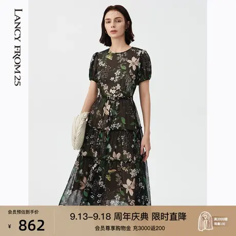 朗姿法式印花碎花气质显瘦黑色雪纺抽褶泡泡袖连衣裙女夏新款裙子图片