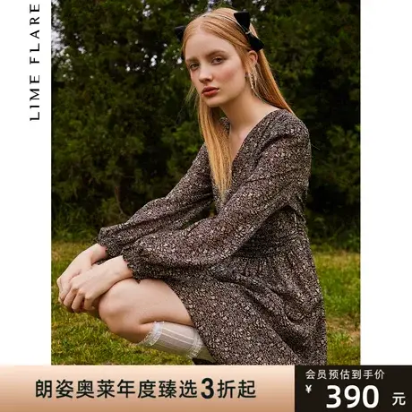 莱茵复古印花V领收腰连衣裙夏季新款泡泡袖雪纺复古碎花裙女商品大图