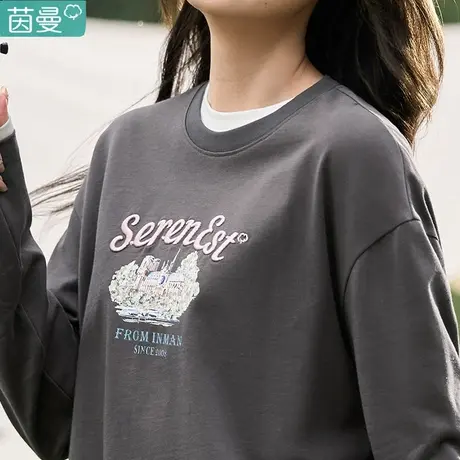 茵曼旗舰店2023女生春春新款时尚复古圆领长袖宽松显瘦T恤上衣图片