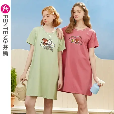 芬腾布朗熊睡裙女夏季凉感抗菌短裙纯棉短袖睡衣裙卡通甜美家居服商品大图