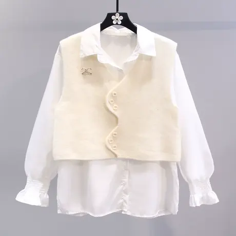 不规则设计感针织马甲两件套女2023早春新款韩版时尚背心衬衫套装商品大图