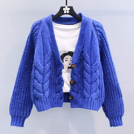 慵懒风加厚外搭麻花V领毛衣外套女秋冬2023新款宽松软糯针织开衫商品大图