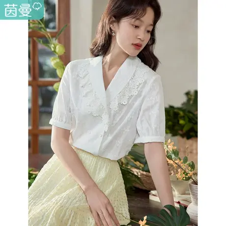 茵曼复古气质衬衣2023夏季女装新款绣花边翻领肌理感修身短袖衬衫图片