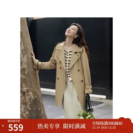 茵曼英伦风气质双排扣风衣2023秋女装新款系带收腰宽松落肩袖外套图片
