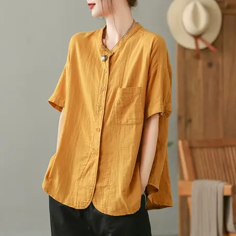 dza 复古单口袋全棉短袖衬衫女2023夏季立领衬衣休闲宽松开衫上衣商品大图