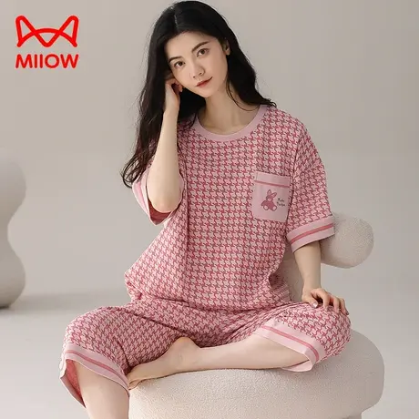猫人睡衣女夏天纯棉短袖七分2023可爱甜美少女士家居服套装可外穿图片