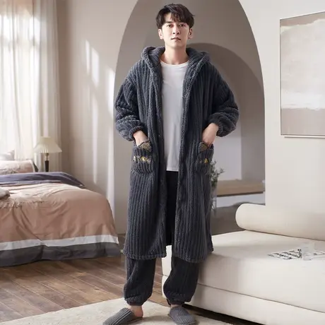 猫人冬季睡衣男法兰绒加绒加厚睡袍长袖大码连帽家居服套装可外穿商品大图