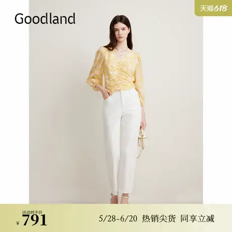 Goodland美地女装春季时尚印花V领钉珠抽褶灯笼袖上衣商品大图