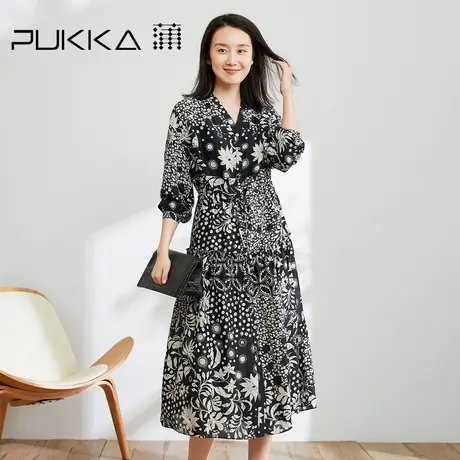 蒲PUKKA 复古小雏菊连衣裙女年春装V领收腰显瘦飘逸长裙图片