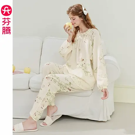 芬腾女士睡衣春秋款纯棉长袖圆领套装女款休闲清新大码全棉家居服商品大图