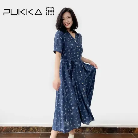 蒲PUKKA 2023夏季新品重磅真丝双绉仿牛仔印花收腰桑蚕丝连衣裙图片