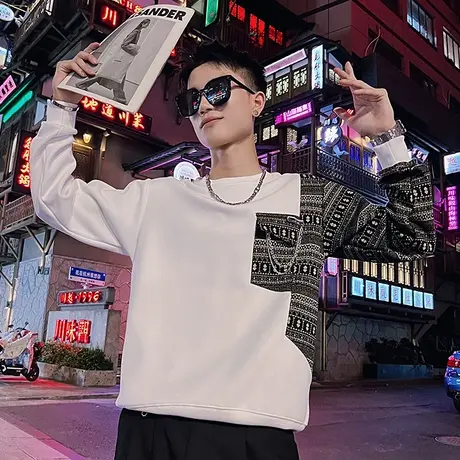 春秋季宽松痞帅上衣外套花色拼接休闲卫衣套头痞帅长袖T恤体恤商品大图