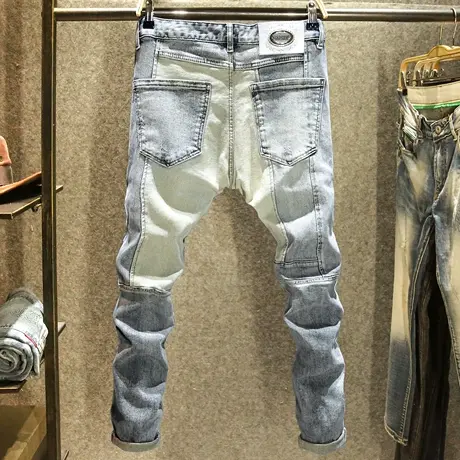 不规则拼接设计牛仔裤男款修身小脚弹力裤子美式潮流破洞补丁长裤商品大图