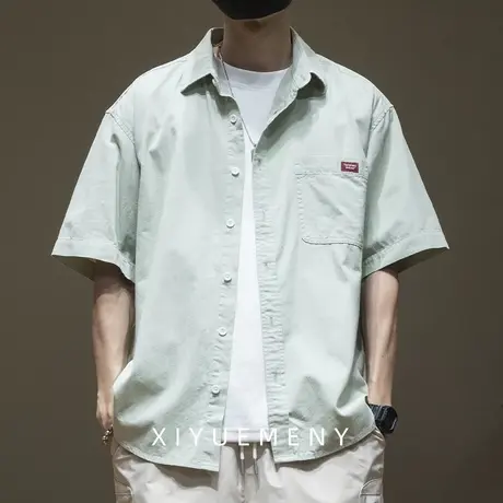 浅色系重磅纯棉短袖衬衫男2025夏季新款宽松大码男士休闲夏季上衣图片