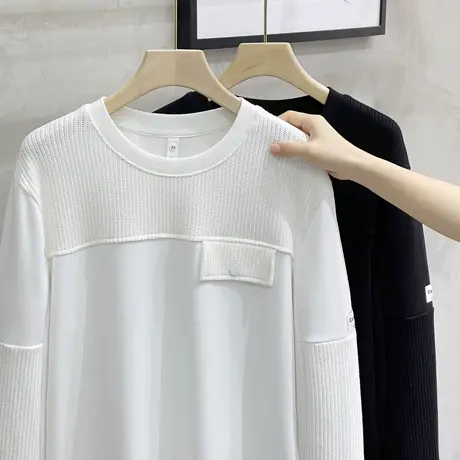 2023秋季新款极简拼接卫衣男套头潮牌美式无帽运动上衣春秋外套男图片