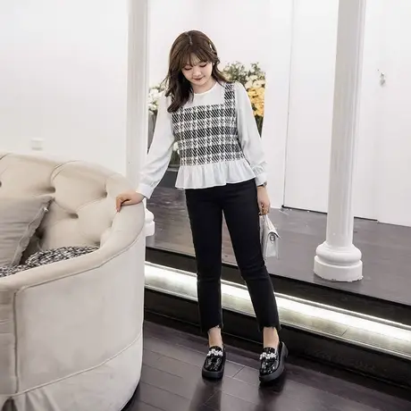 绮娑大码女装胖mm2023年秋季新款套头格子拼接假两件气质长袖上衣图片