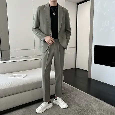 格纹休闲西装男垂感毛呢外套潮流痞帅宽松西服搭配修身西裤一套装图片