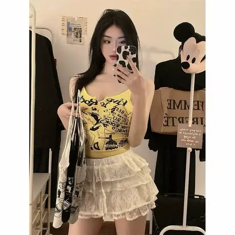 美式辣妹朋克印花小吊带背心女夏季外穿打底内搭短款修身无袖上衣商品大图