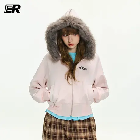 ER美式复古毛领开衫连帽卫衣女2025秋季潮牌休闲短款运动上衣外套商品大图