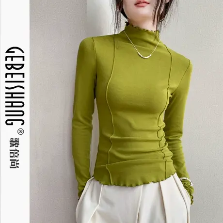 法式花边半高领磨毛长袖t恤女2025秋季新款修身设计感小众打底衫商品大图