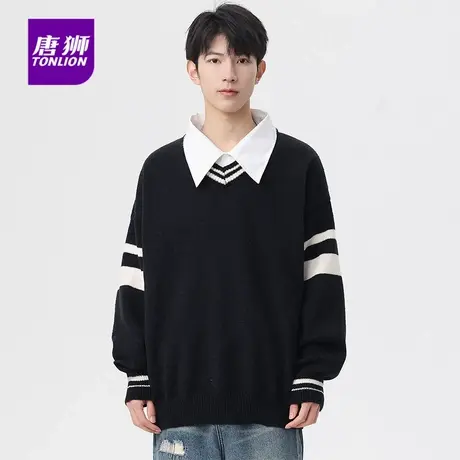 唐狮秋冬季新款男士大翻领假两件套头针织衫日系宽松毛线衣服潮AP图片