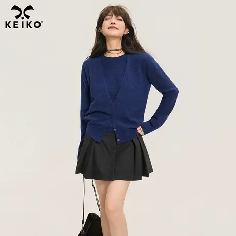KEIKO 极简纯色假两件针织开衫女25秋季短款修身羊毛混纺打底上衣商品大图