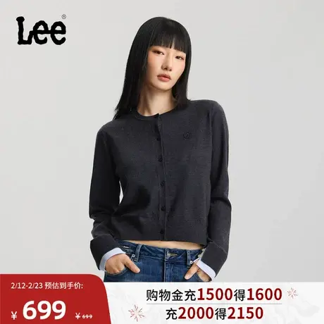 Lee商场同款26春夏新舒适版圆领小刺绣Logo铁灰色女长袖毛衣开衫商品大图