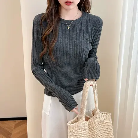 唐狮秋冬季毛衣女显瘦收腰灰色竖条肌理圆领套头慵懒风高级感TM商品大图