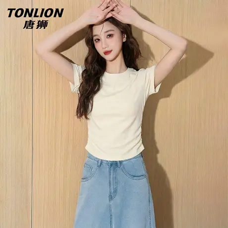 唐狮官方抽褶正肩短款短袖t恤女夏季2026新款女士收腰显瘦上衣VB图片