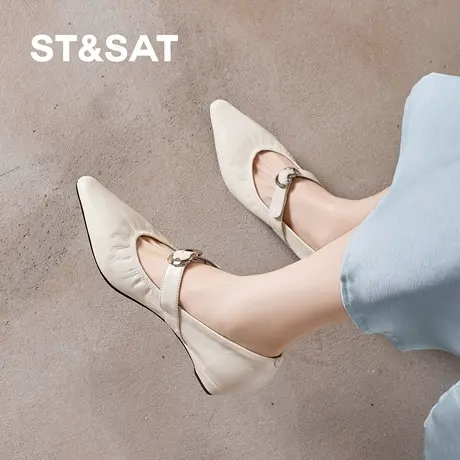 星期六玛丽珍鞋女2026新款法式复古风尖头真皮一字带低跟软底单鞋商品大图