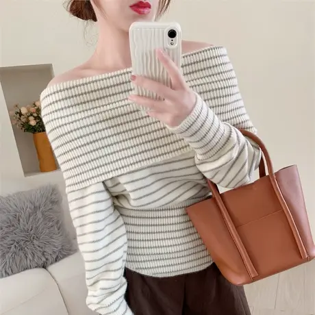 纯欲风条纹一字肩套头毛衣女秋冬新款软糯长袖修身打底针织衫上衣商品大图