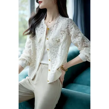 宝诗黎圆领蕾丝镂空长袖短外套女2023秋季新款洋气开衫时尚薄上衣商品大图