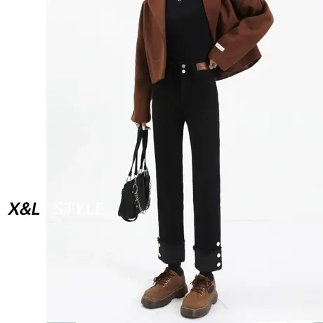 黑色直筒牛仔裤女秋季2023年新款高腰小个子拼接设计感弹力烟管裤商品大图