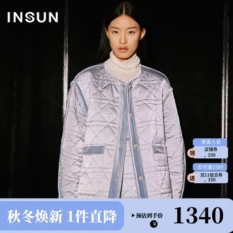 恩裳COVER2023冬装新款解构设计感丝绒包边圆领菱形格宽松棉服女商品大图