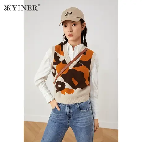 YINER音儿女装2021秋季新款V领套头印花毛针织衫商品大图