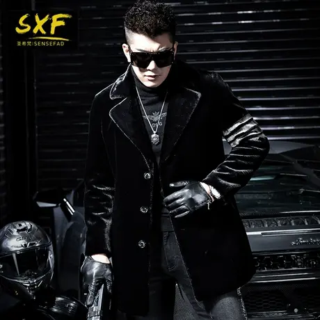 SXF圣希梵皮草男 中长款羊剪绒毛西服金貂绒修身保暖防寒男士大衣商品大图