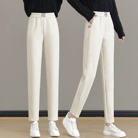 米色羊绒裤子女新款2023爆款秋冬季小个子毛呢哈伦裤宽松奶奶裤图片