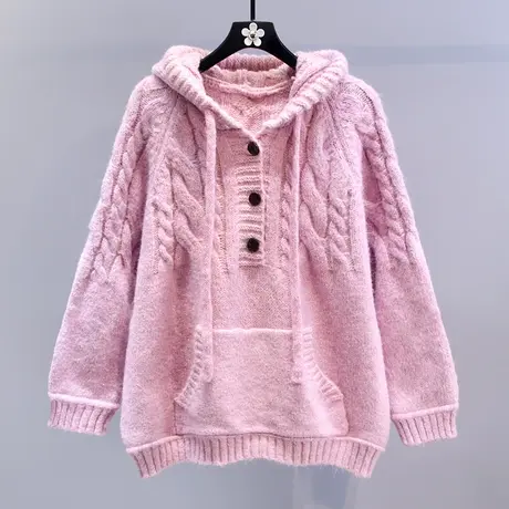 慵懒风麻花加厚连帽毛衣女秋冬2023新款宽松外穿高级感针织衫外套商品大图