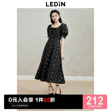 乐町优雅长款连衣裙2023年夏季新款女碎花收腰短袖裙港味复古黑裙图片